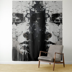 Fragmented Face: Dark Abstract Expression Tapestry