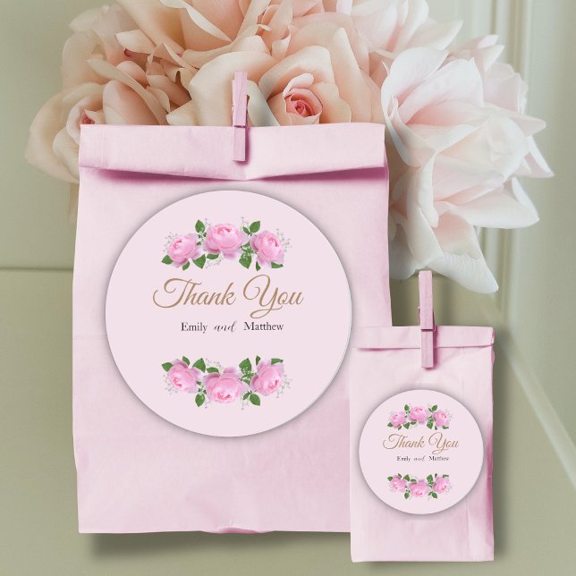 Fragrant Pink Roses, Wedding Thank you,  Classic Round Sticker (Creator Uploaded)