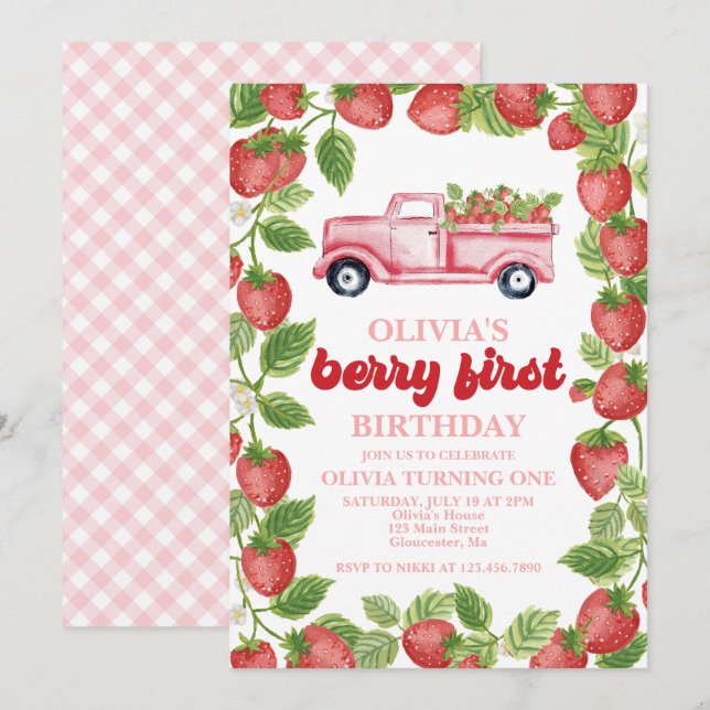 Fraise Berry Invitation d'un premier anniversaire (Devant / Derrière)