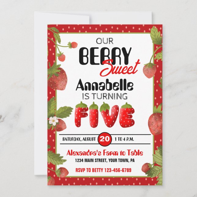 Fraise Cinq Anniversaire Fête Invitation (Devant)