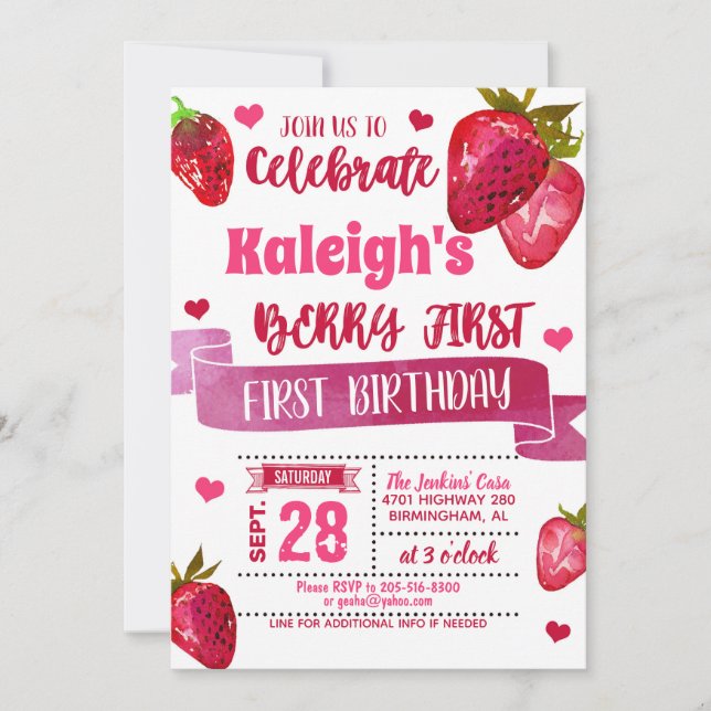 Fraise Premier Anniversaire (All Pink) Invitation (Devant)