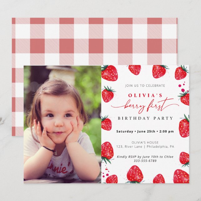 Fraise Premier anniversaire Invitation photo (Devant / Derrière)