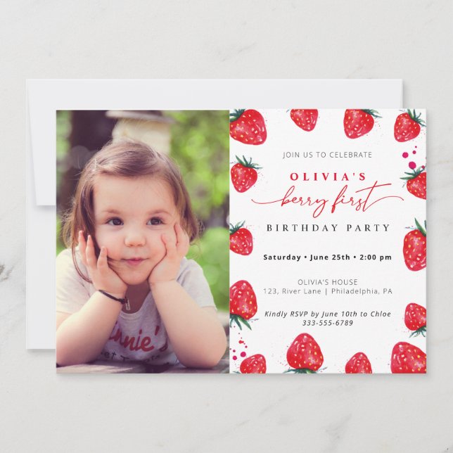 Fraise Premier anniversaire Invitation photo (Devant)