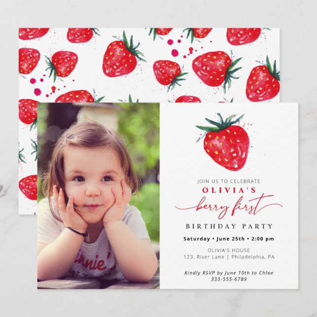 Fraise Premier anniversaire Invitation photo (Devant / Derrière)