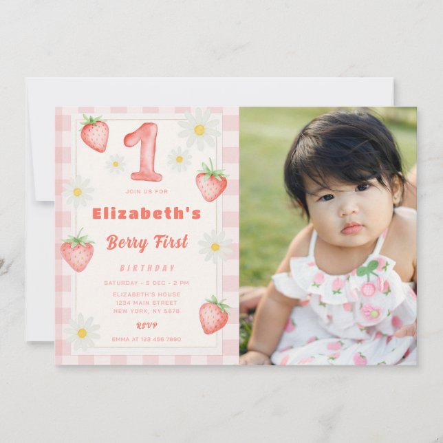 Fraise rose Invitation Anniversaire Avec Photo (Devant)