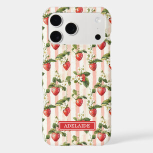 Fraises à l'aquarelle sur rayures monogrammées