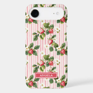 Fraises à l'aquarelle sur rayures roses