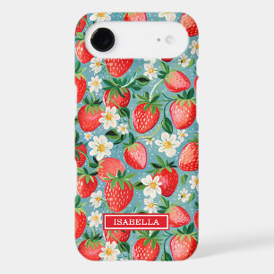 Fraises Aquarelle Sur Monogramme Bleu