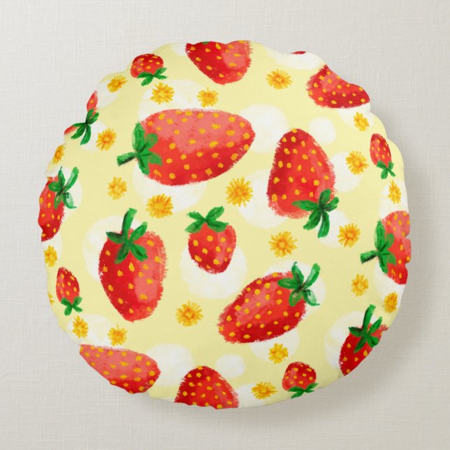 Fraises et marguerites éclairées Coussin rond (Devant)