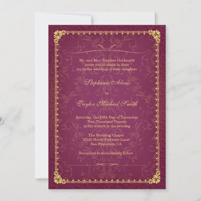 Framboise foncée et or élégante invitation de mari (Devant)