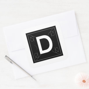 Frame and Flourish Monogram Letter D on White Square Sticker