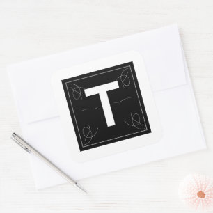 Frame and Flourish Monogram Letter T on White Square Sticker
