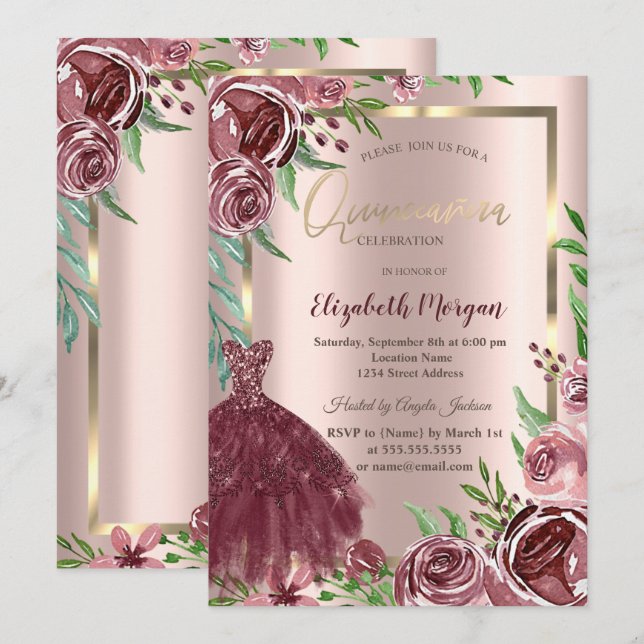 Frame,Burgundy Roses Dress Rose Gold Quinceanera Invitation (Front/Back)