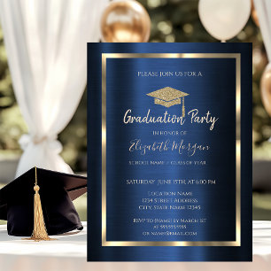 Frame Gold Grad Cap Navy Blue Metallic Invitation