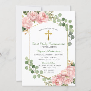 Frame Greenery Pink Roses First Holy Communion Invitation