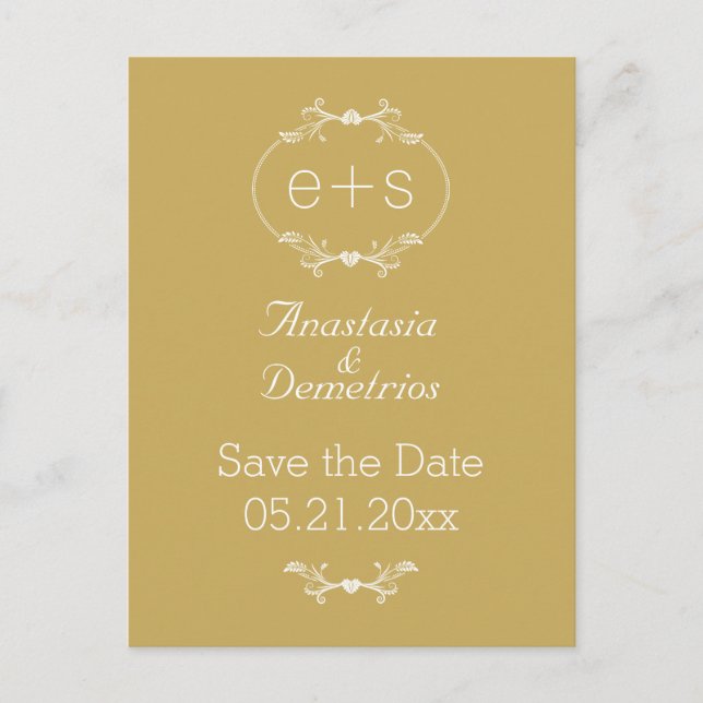 Frame & initials gold, white wedding Save the Date Announcement Postcard (Front)