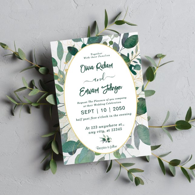 Frame made of green and gold leaves Watercolor  Invitation (Creator Uploaded)
