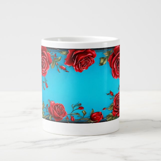 Frame of Red Roses with Decorative Green Leaves Large Coffee Mug (Front)