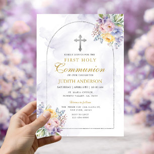 Frame Purple Roses First Holy Communion Invitation