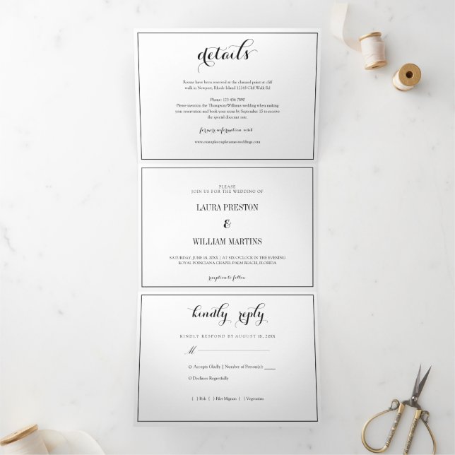 Frame Script Wedding Photo with RSVP and Details Tri-Fold Invitation (Inside)