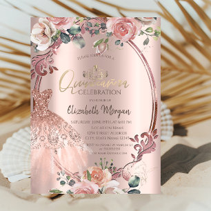 Frame Swirls Blush Flowers Dress Quinceañera Invitation
