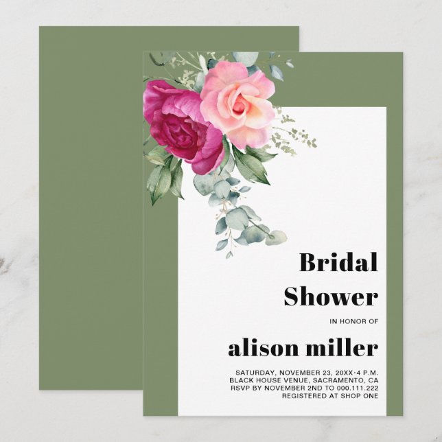 Frame with eucalyptus and pink roses bridal shower invitation (Front/Back)