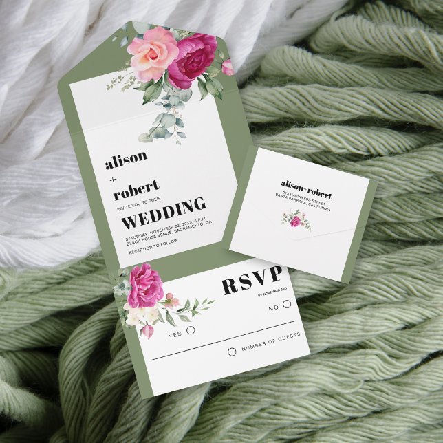 Frame with eucalyptus and pink roses wedding all in one invitation (Creator Uploaded)