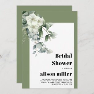 Frame with eucalyptus, white flowers bridal shower invitation