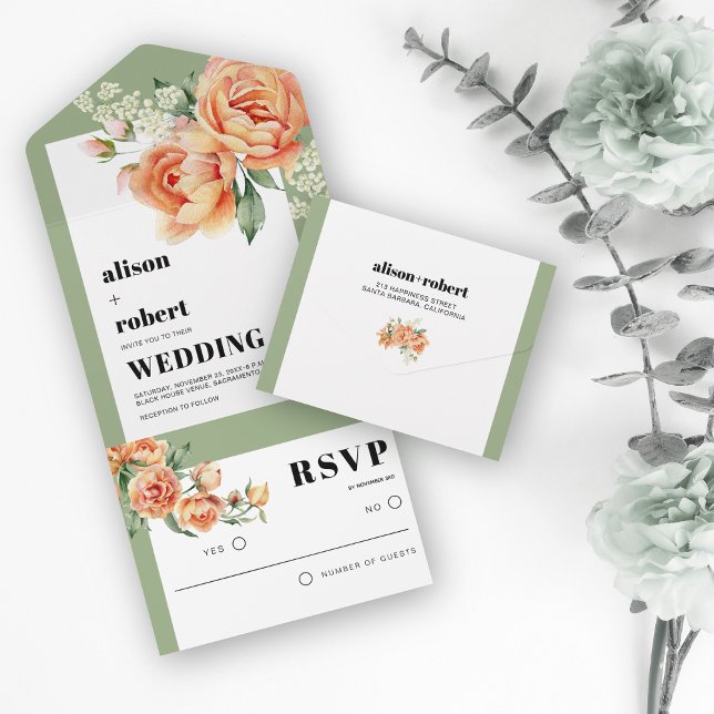 Frame with peach rose flowers sage green wedding all in one invitation (Creator Uploaded)