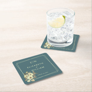 Frame with Roses, Wedding style on Marine Blue Square Paper Coaster