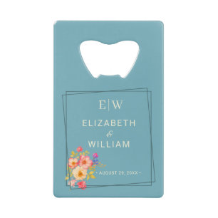 Frame with Roses, Wedding style on retro blue Credit Card Bottle Opener