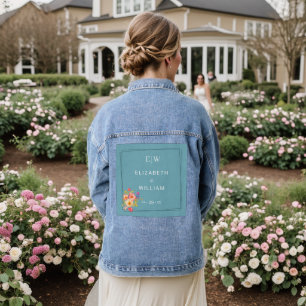  Frame with Roses, Wedding style on retro blue Denim Jacket