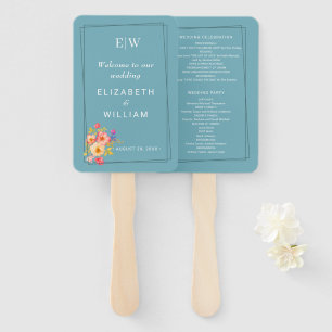 Frame with Roses, Wedding style on retro blue Hand Fan