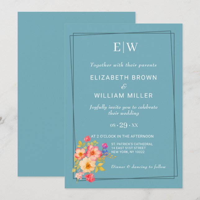  Frame with Roses, Wedding style on retro blue Invitation (Front/Back)