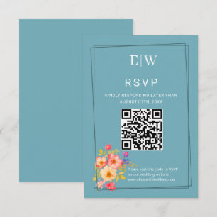  Frame with Roses, Wedding style on retro blue RSVP Card
