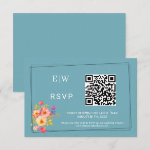  Frame with Roses, Wedding style on retro blue RSVP Card