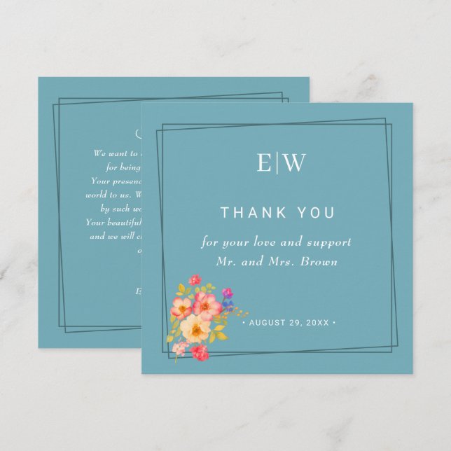  Frame with Roses, Wedding style on retro blue Thank You Card (Front/Back)