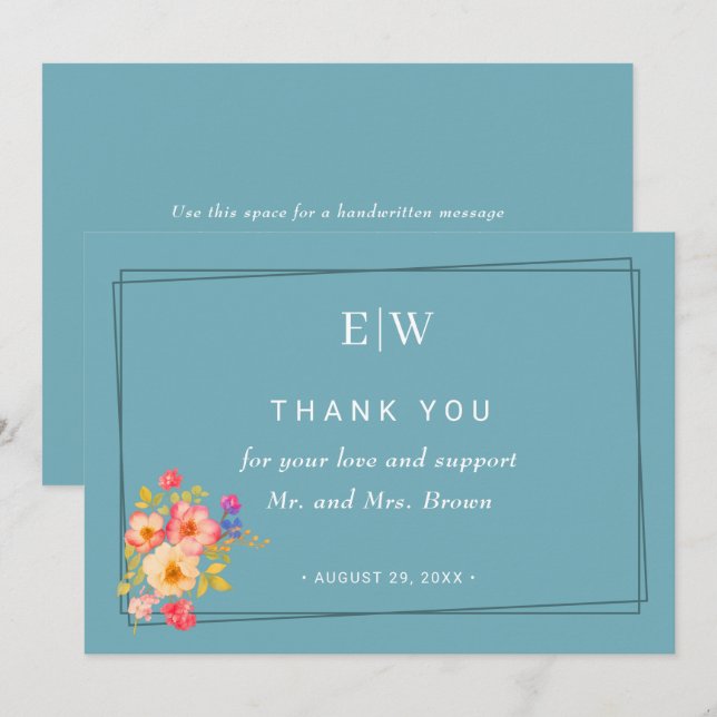  Frame with Roses, Wedding style on retro blue Thank You Card (Front/Back)