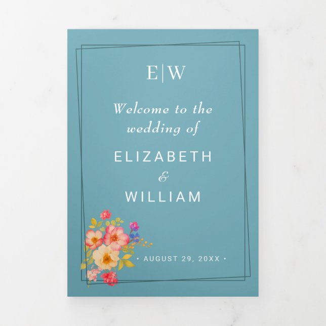  Frame with Roses, Wedding style on retro blue Tri-Fold Programme (Cover)