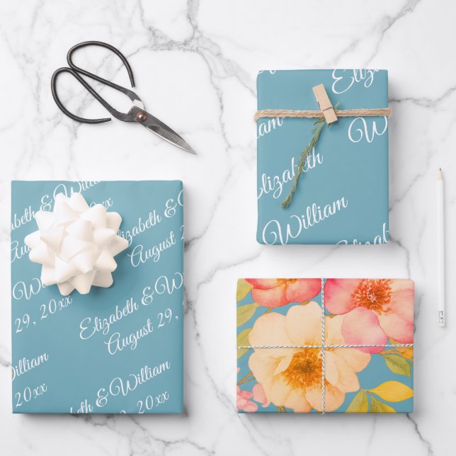  Frame with Roses, Wedding style on retro blue Wrapping Paper Sheet (Front)