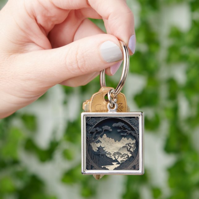 Framed 3D Chinese Landscape Grey Square Keychain (Hand)