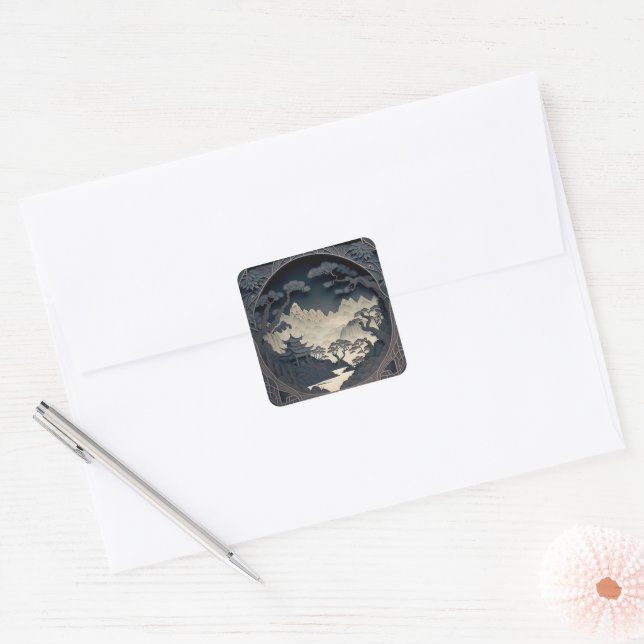 Framed 3D Chinese Landscape Grey Square Stickers (Envelope)