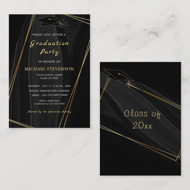 Framed Art Design Black Gold Graduation Invitation (Front/Back)