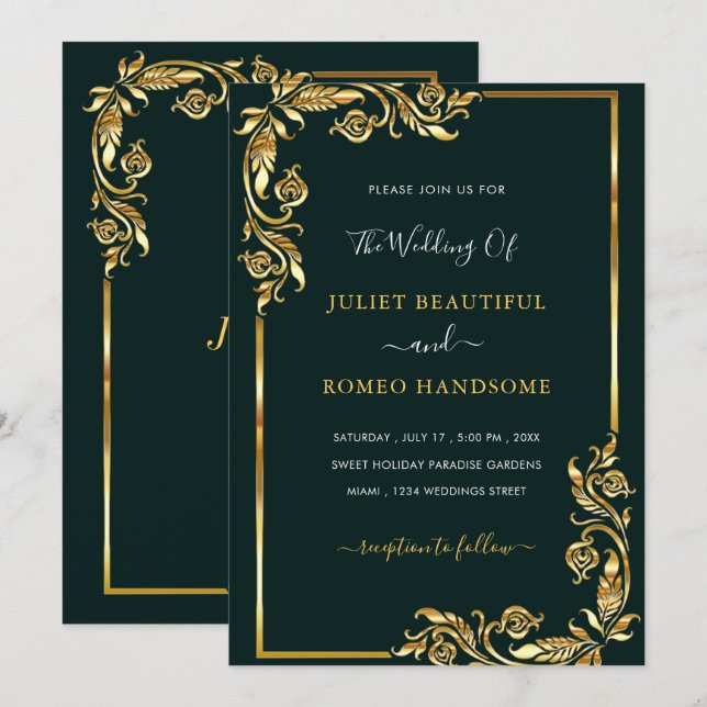 Framed Black Gold Wedding Invitation Template (Front/Back)