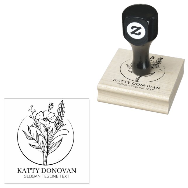 Framed Botanical Flowers Blossom Custom text Rubber Stamp (Stamped)