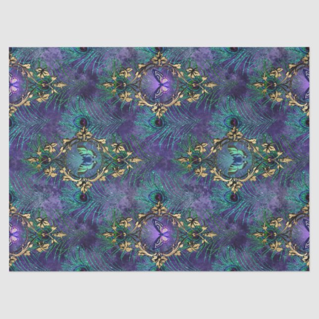 Framed Butterflies and Peacock Feathers Decoupage Tissue Paper (Front)