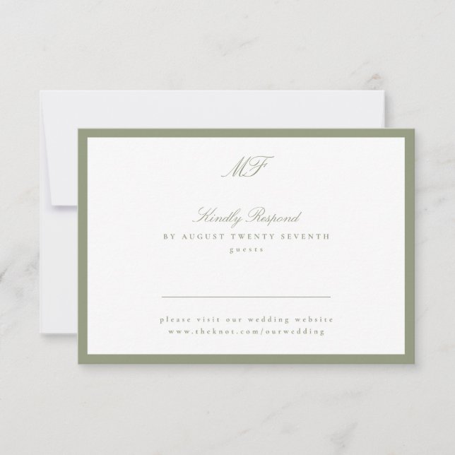 Framed Classic Formal Sage Green Website Monogram RSVP Card (Front)