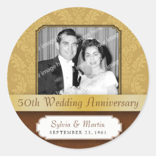 Framed Damask Golden 50th Anniversary Classic Round Sticker