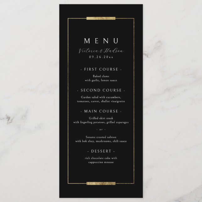 Framed Elegance Black Simple Modern Classy Wedding Menu (Front)