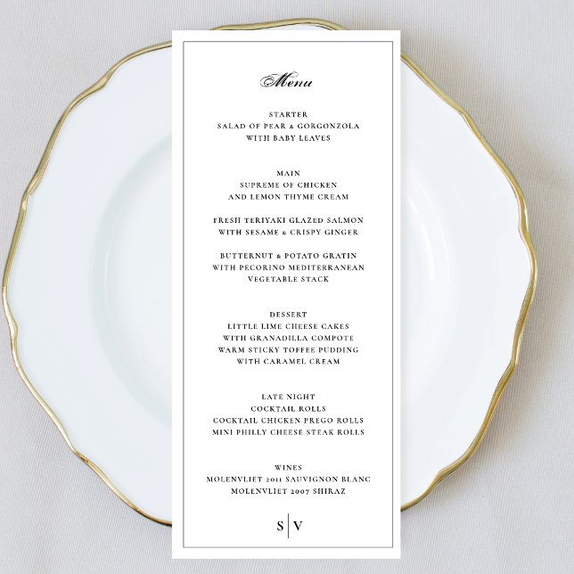 Framed | Elegant Monogram White Wedding Menu (Creator Uploaded)